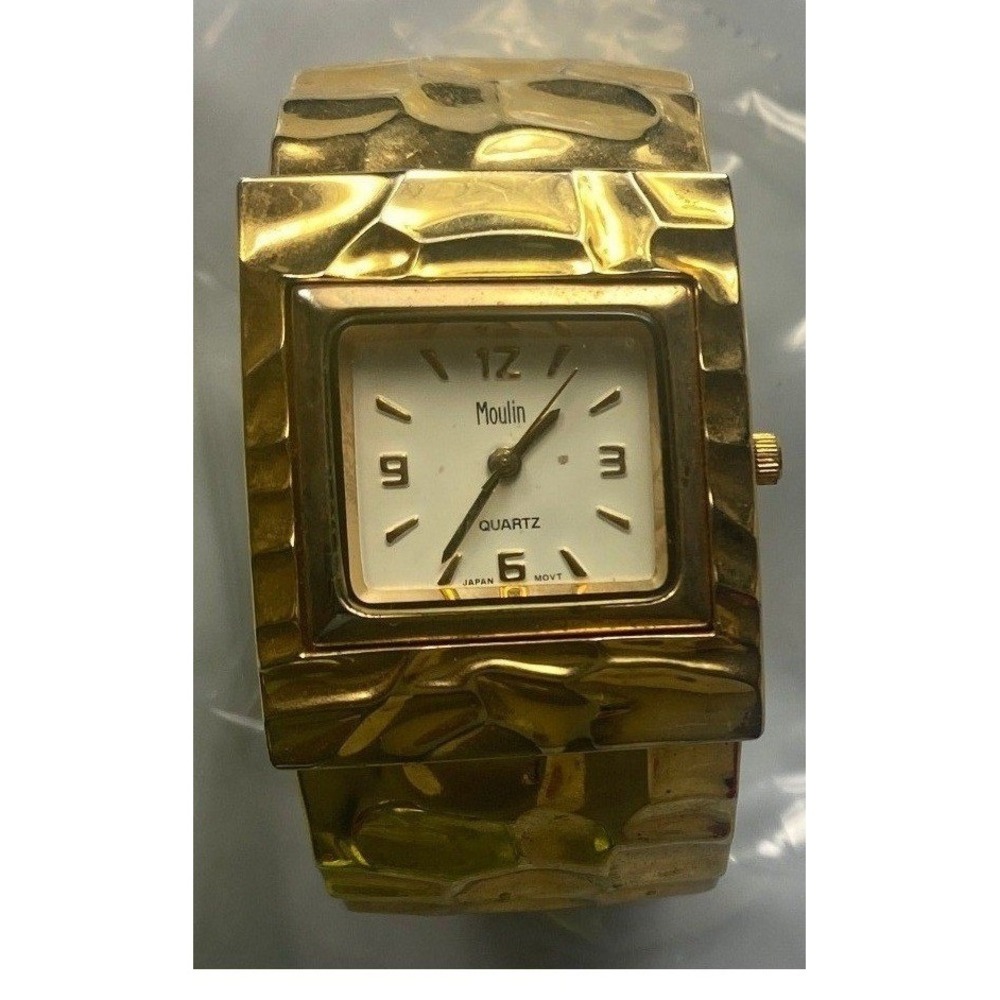 Moulin Gold Tone Textured Cuff Bangle Watch Square Dial Quartz Japan Movt